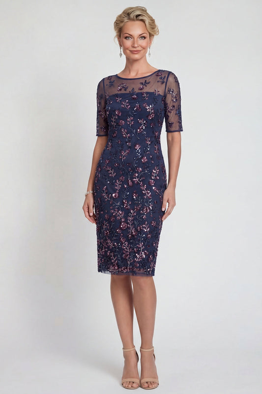Navy Sheath Sequined Boat Neck Midi Mother of the Bride Dress