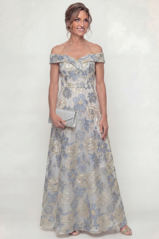 Dusty Blue A-Line Floral Off-the-Shoulder Mother of the Bride Dress