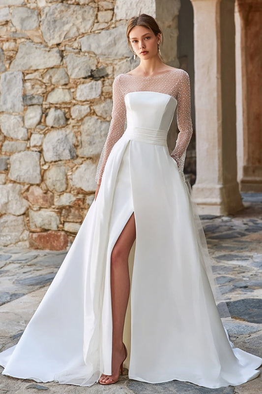 Sparkly Ivory A-Line Beaded Long-Sleeve Sweep Train Boho Wedding Dress with Slit