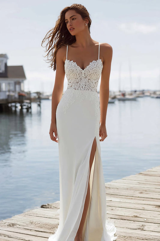 Robe de mariée longue sirène ivoire avec bretelles spaghetti, applications et fente