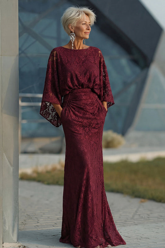 Lace Burgundy Sheath Mother of the Bride Dress with Long Sleeve