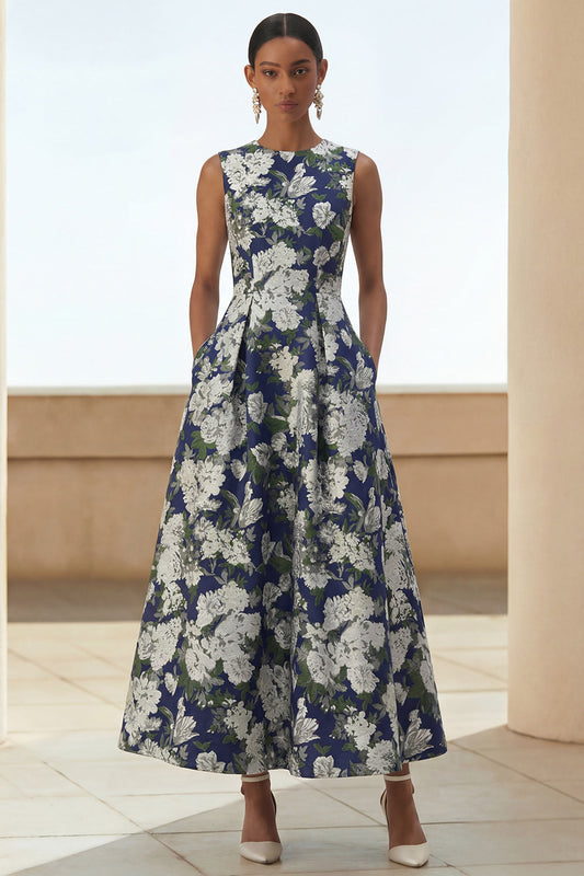Robe midi trapèze avec imprimé floral marine et poches