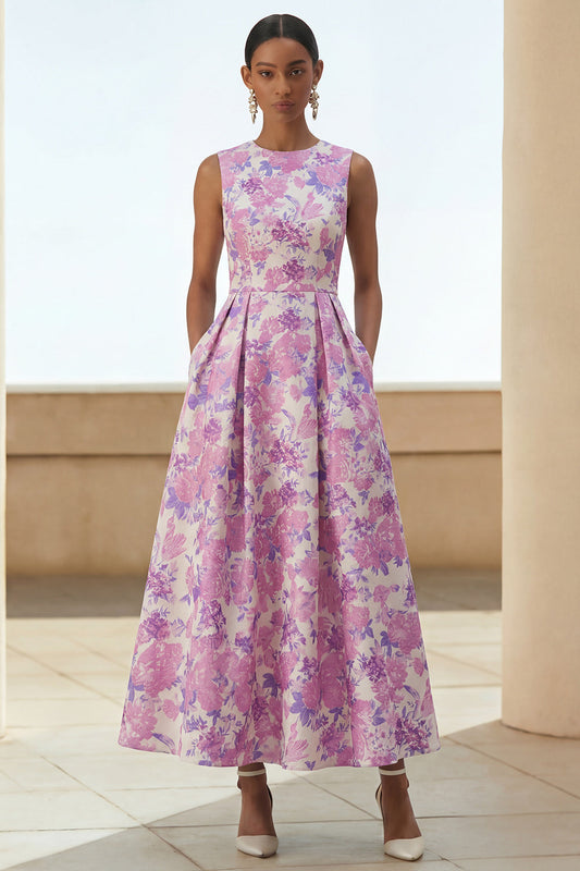 Robe mi-longue évasée à imprimé fleurs lilas, col rond et poches