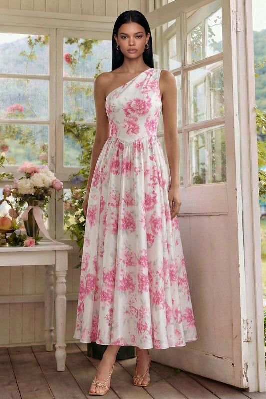 Robe midi asymétrique à fleurs de fuchsia blanches