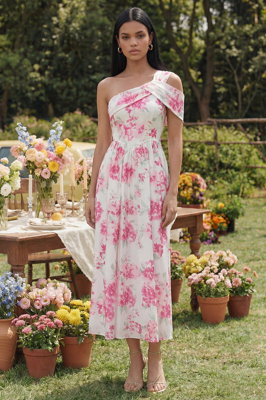 White One-Shoulder Fuchsia Floral Print A-Line Midi Dress