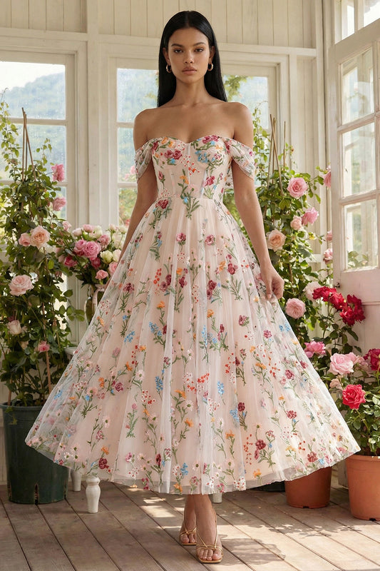 Robe Midi en Tulle Évasée Ivoire à Épaules Dénudées, Corset Fleuri Appliqué