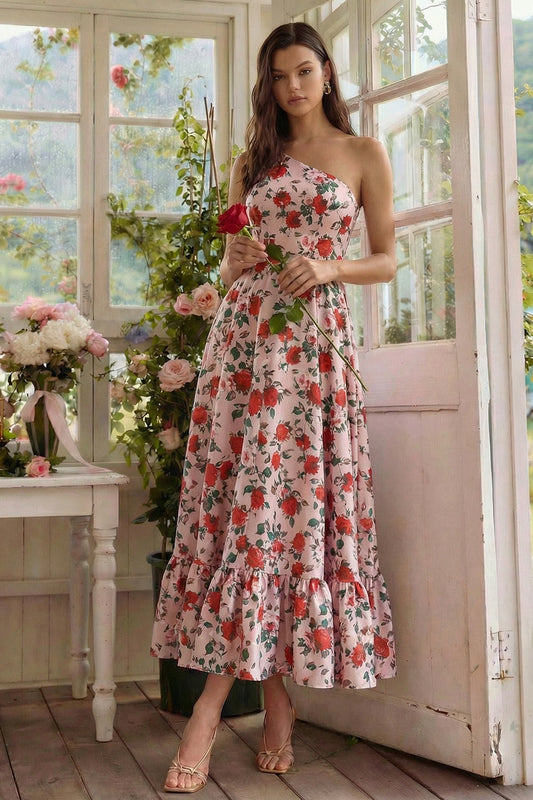 Robe Midi Imprimée Asymétrique Rose Rouge À Fleurs Et Ligne A
