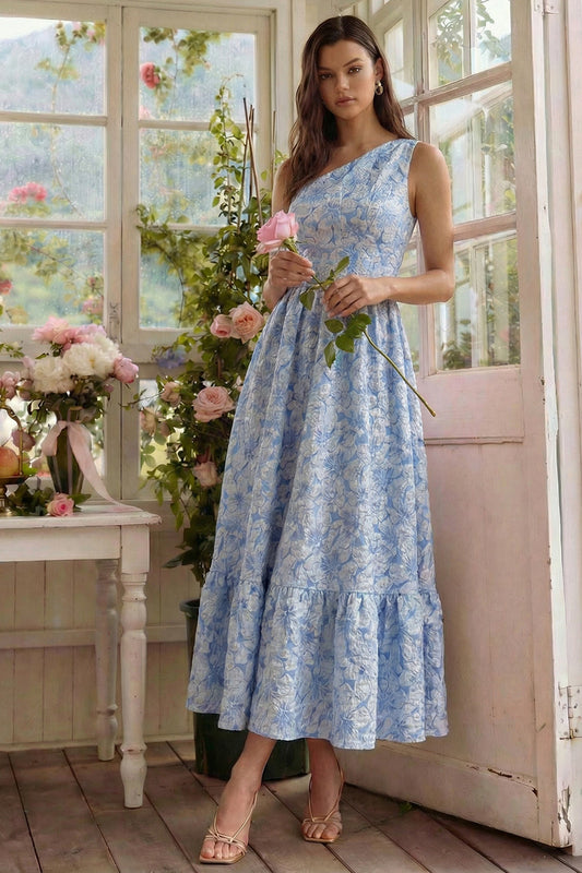 Robe midi asymétrique jacquard fleur bleue à volants et coupe trapèze