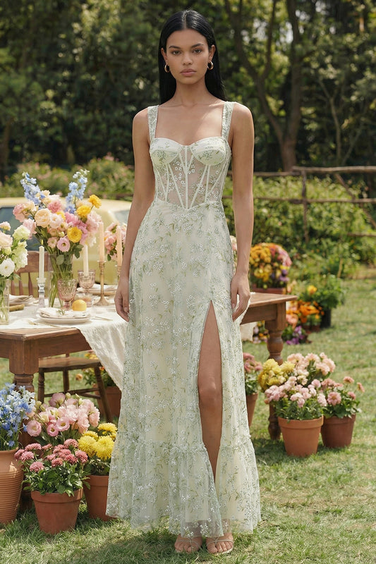 Robe midi trapèze en tulle vert clair avec corset appliqué et fente