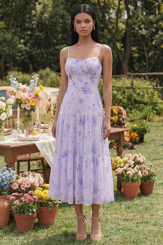 Robe midi trapèze lilas imprimée à bretelles spaghetti et volants