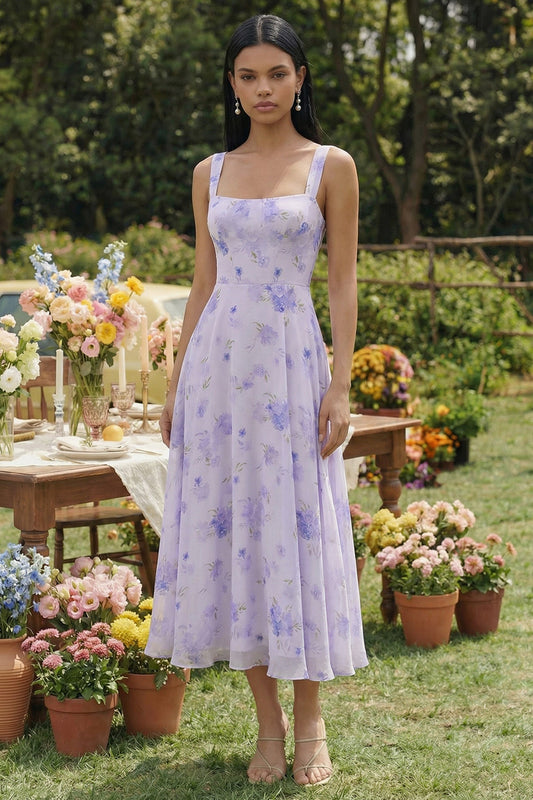 Robe midi trapèze en mousseline de soie à encolure carrée imprimé lilas