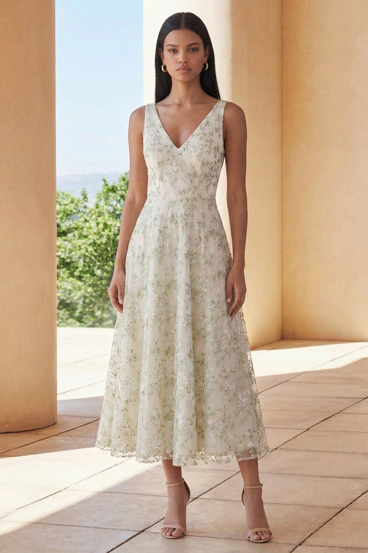 Robe midi ligne A en maille appliquée col en V vert clair