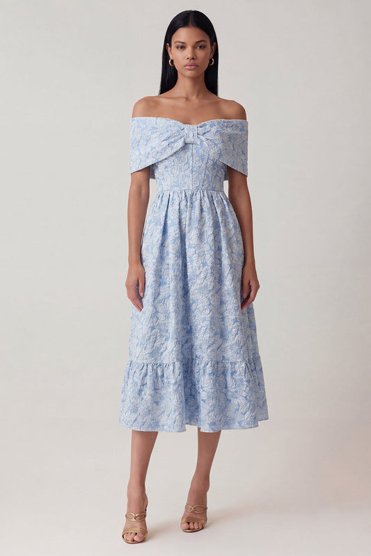 Robe midi trapèze corset bleu jacquard à épaules dénudées avec volants