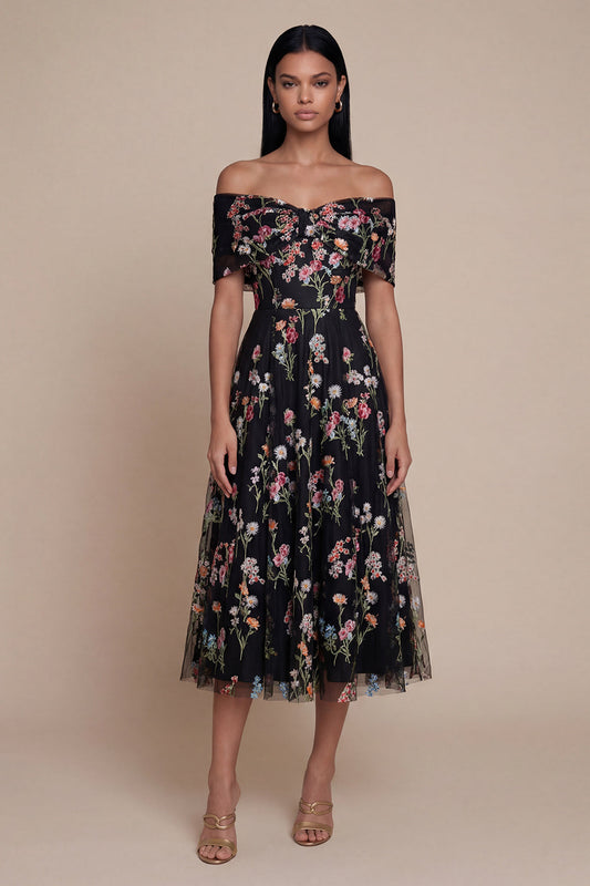 Black Off-the-Shoulder Appliquéd A-Line Tulle Midi Dress