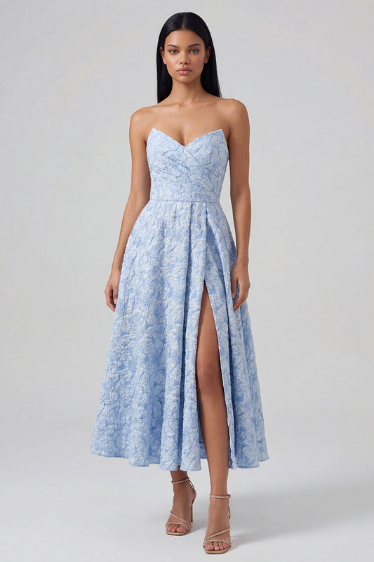 Robe midi bustier jacquard froncé ligne A avec fente, bleue