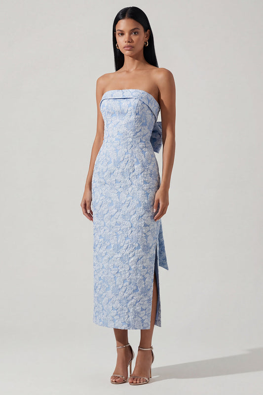 Robe midi fourreau en jacquard sans bretelles bleu à nœud papillon et fente