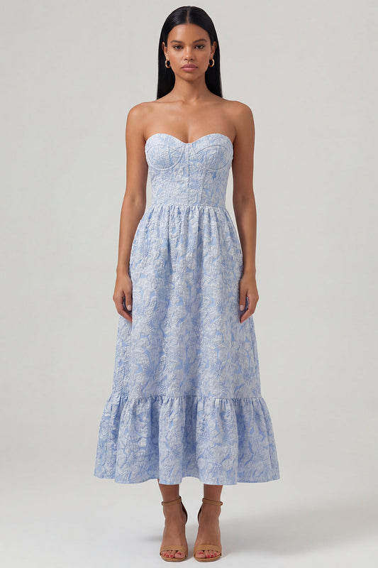 Robe midi trapèze sans bretelles à volants en jacquard bleu