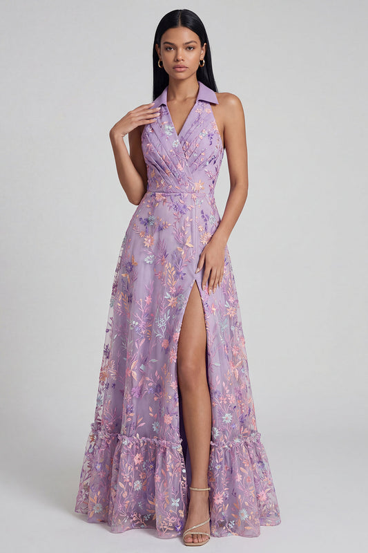 Lilac Flower Appliquéd V-Neck A-Line Sleeveless Midi Dress with Slit