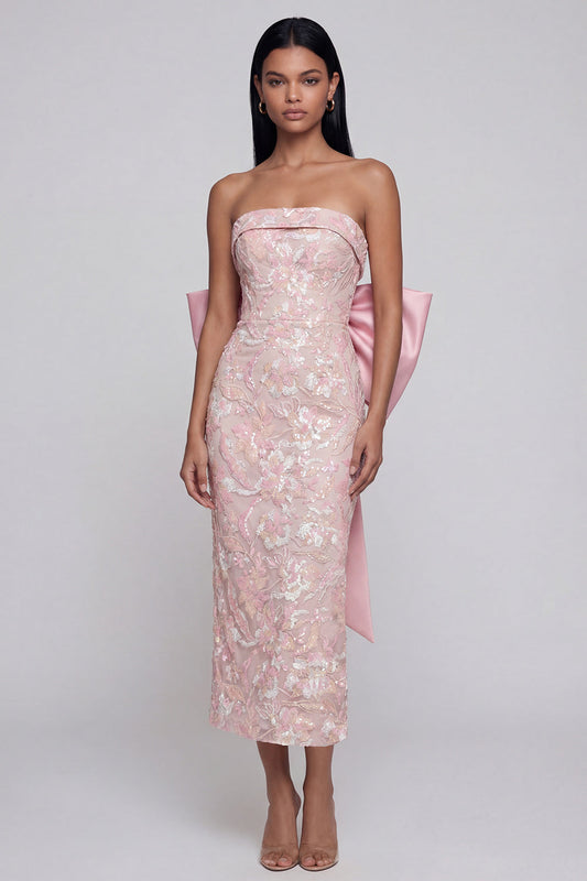 Sparkly Pink Strapless Appliqued Sheath Midi Dress with Bowknot