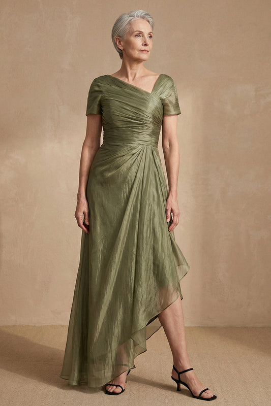 Dusty Sage Ruched A Line Short Sleeves Long Mother of the Bride Dress