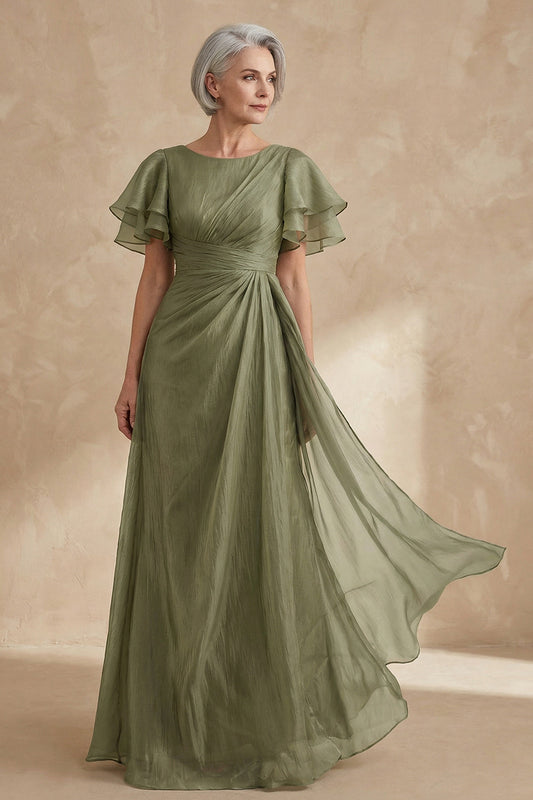 A Line Dusty Sage Boat Neck Ruched Mother of the Bride Dress with Ruffle Sleeves