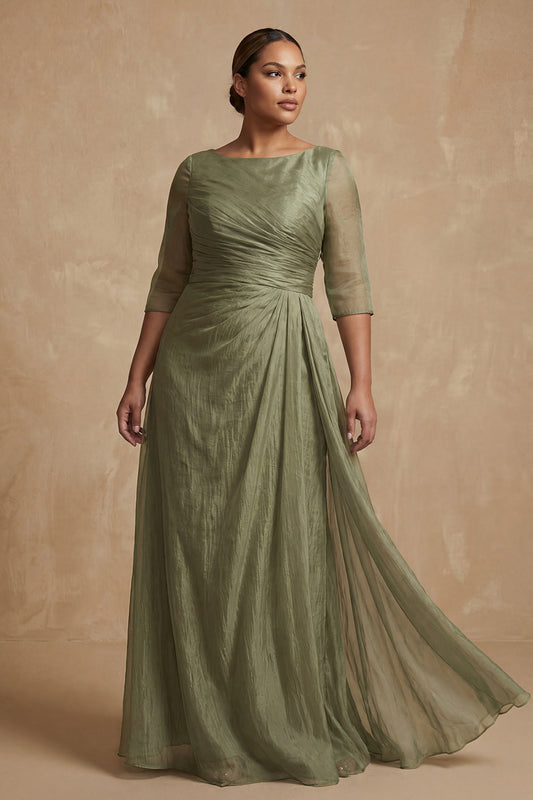 Robe de demoiselle d'honneur trapèze plissée mi-manches grande taille Dusty Sage