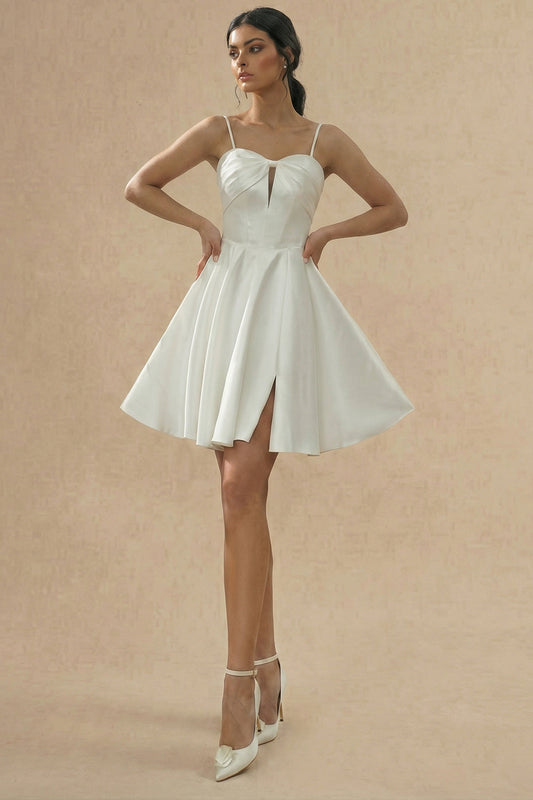 A-Line Spaghetti Strap Mini Little White Dress with Slit