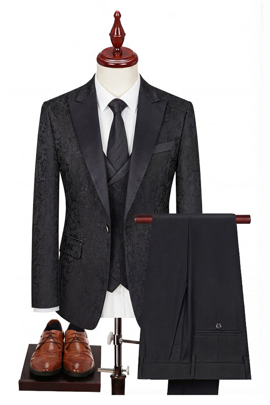 Costume noir 3 pièces pour homme avec revers à cran et un bouton
