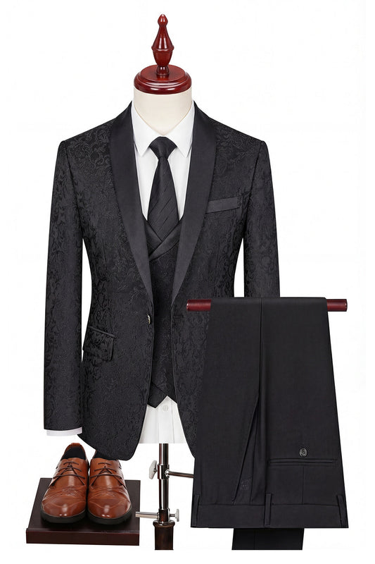 Costumes 3 pièces pour hommes à revers châle noir et un bouton