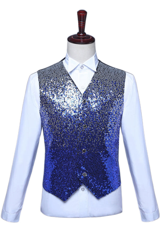 Sparkly Blue Single-Breasted V-Neck Sequin Men's Suit Vest