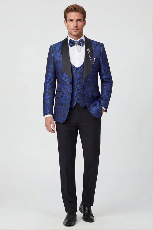 Costume de bal 3 pièces bleu pour homme avec revers châle à un bouton en jacquard