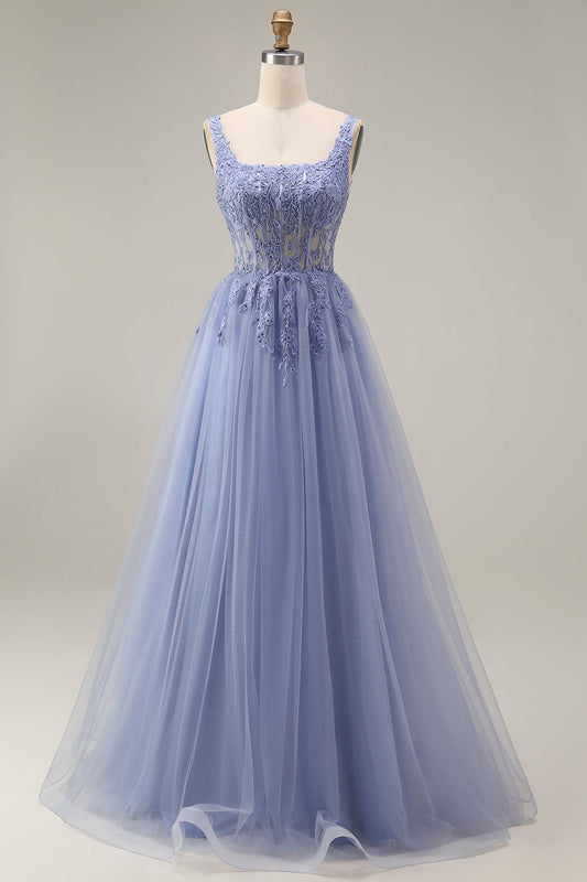 Robe de bal longue en tulle lavande poussiéreuse, corset trapèze, col carré, appliqués