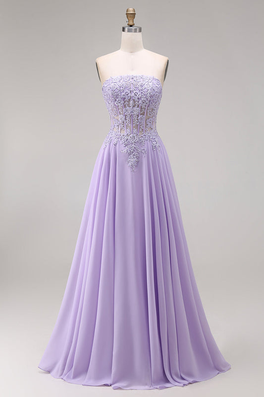 Robe de bal longue en tulle lilas bustier corset évasée avec appliqués