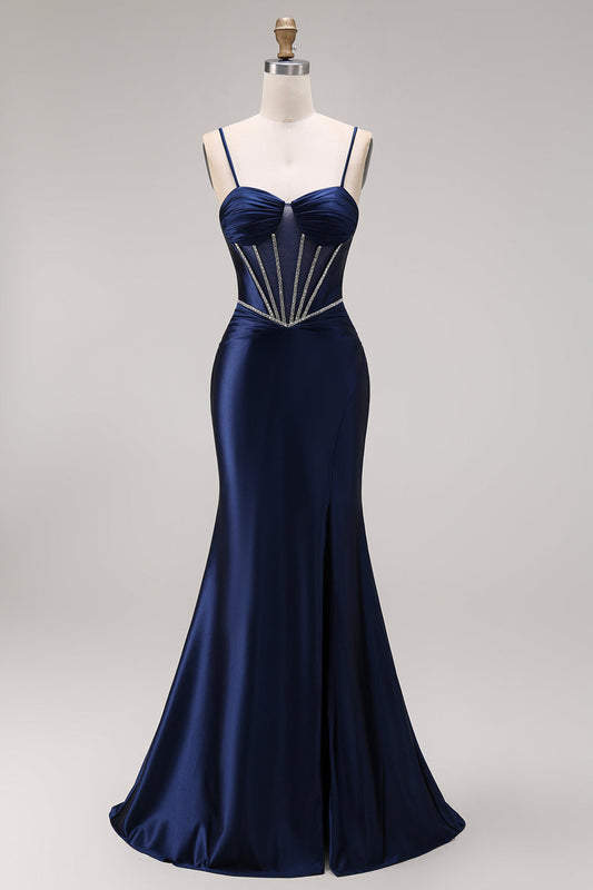 Satin Navy Mermaid Ruched Corset Lace-Up Back Long Prom Dress with Beading