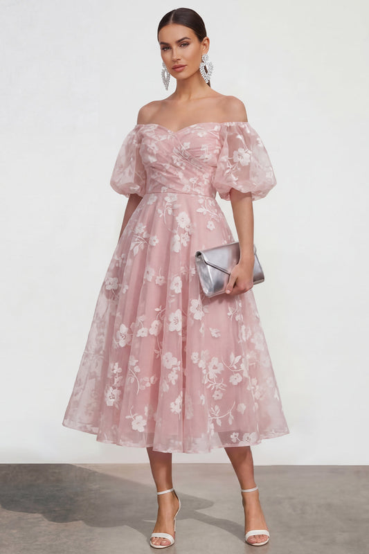 Off The Shoulder A-Line Pink Midi Floral Dress with Lace Up Back