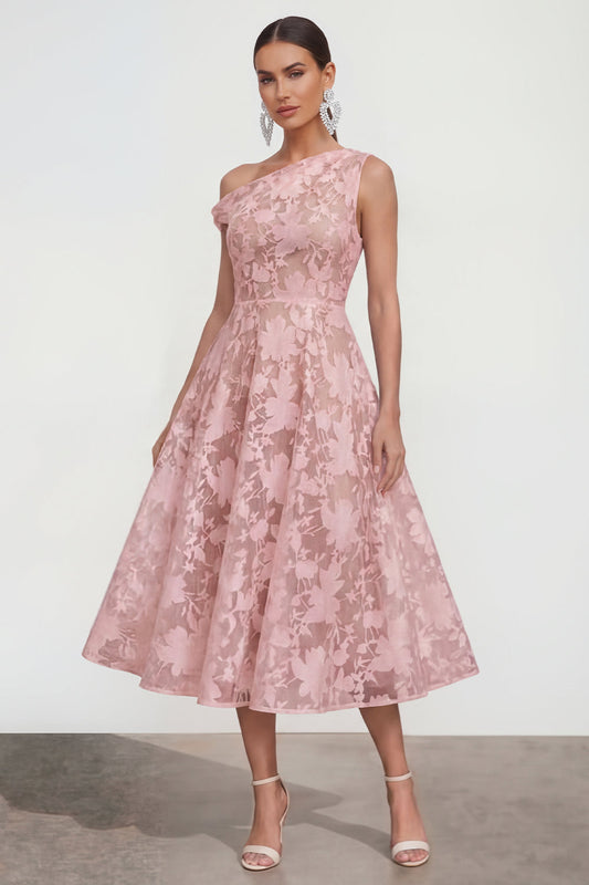 Robe midi trapèze asymétrique fleurie rose