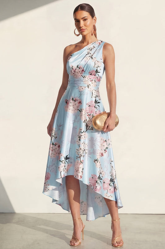 Robe midi florale bleue imprimée asymétrique à une épaule, coupe trapèze
