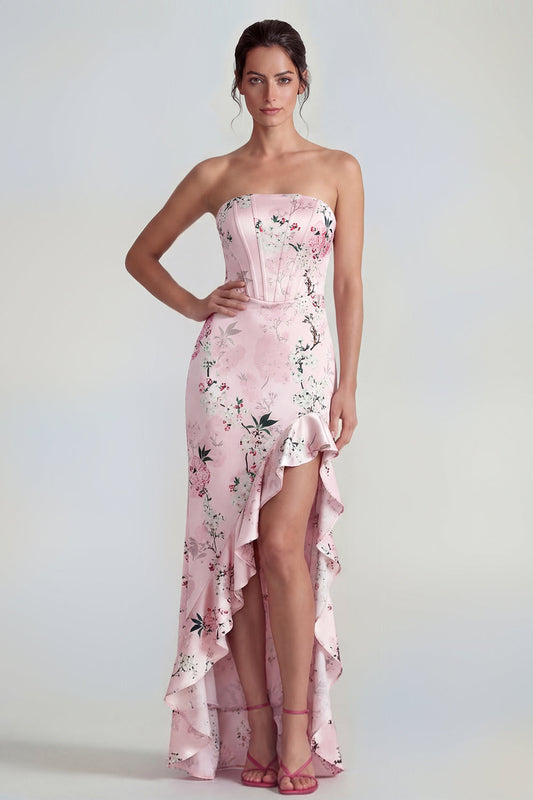 Pink Strapless Sheath Corset Long Floral Dress with Ruffle Slit
