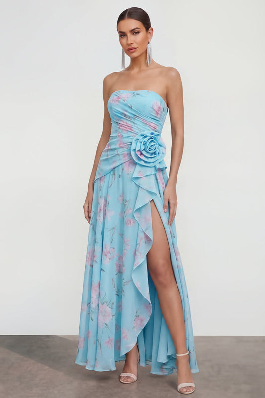 Robe Fleurie Épaule Dénudée Bleu Coupe A avec Fleurs 3D et Volants Fendue