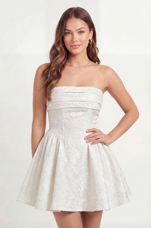 Floral A-Line Strapless White Mini Dress