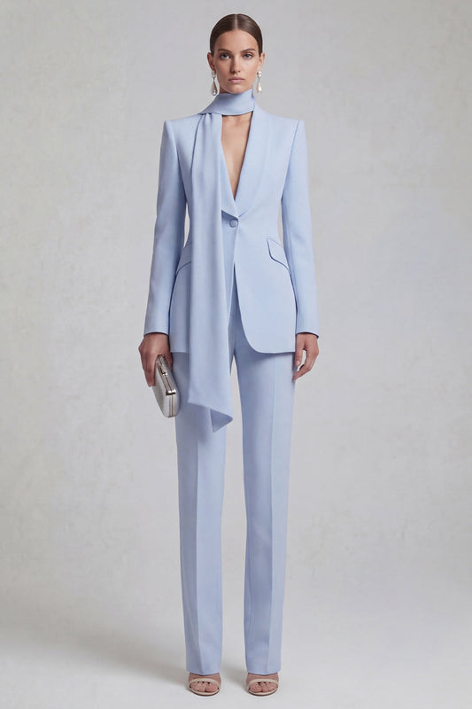 Costumes de bal 2 pièces bleu à revers châle, coupe slim, simple boutonnage