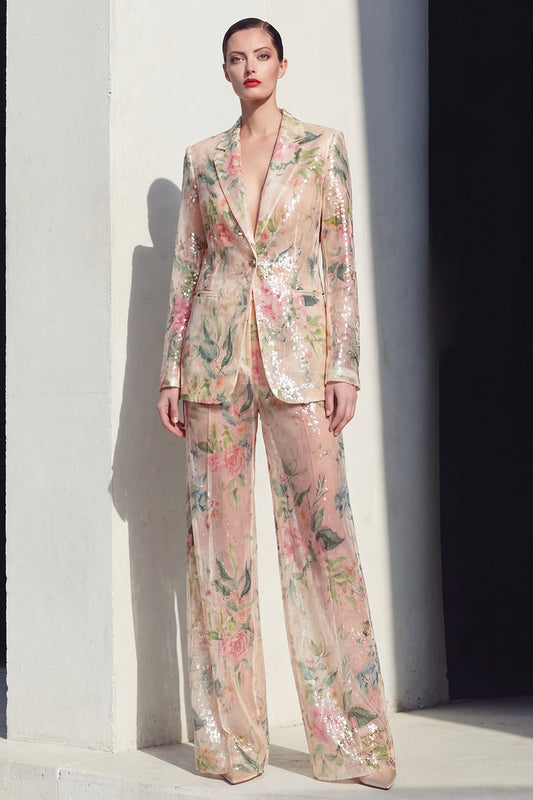 Ensemble de costume de bal champagne floral 2 pièces à jambe large, revers cranté et simple boutonnage