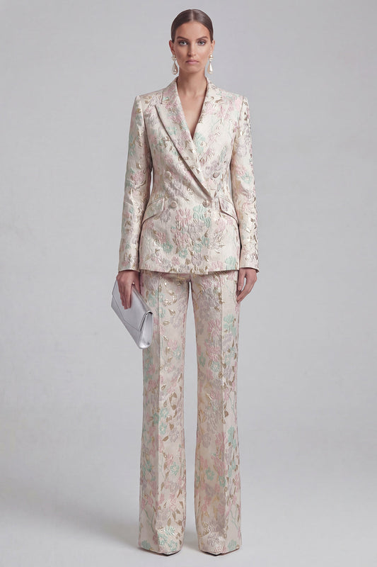Champagne and Pink 2-Piece Floral Peak Lapel Double-Breasted Prom Suits