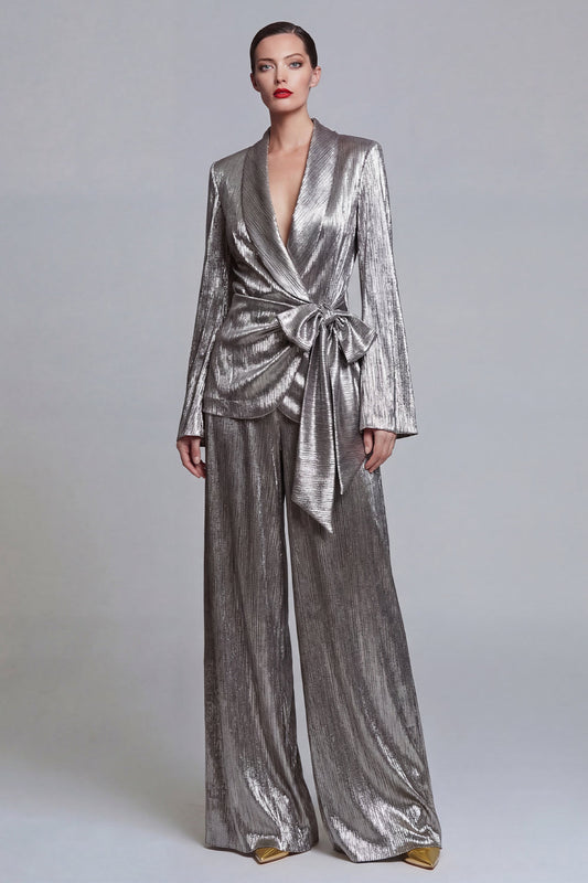Costume de bal gris 2 pièces à revers châle et jambes larges avec nœud papillon