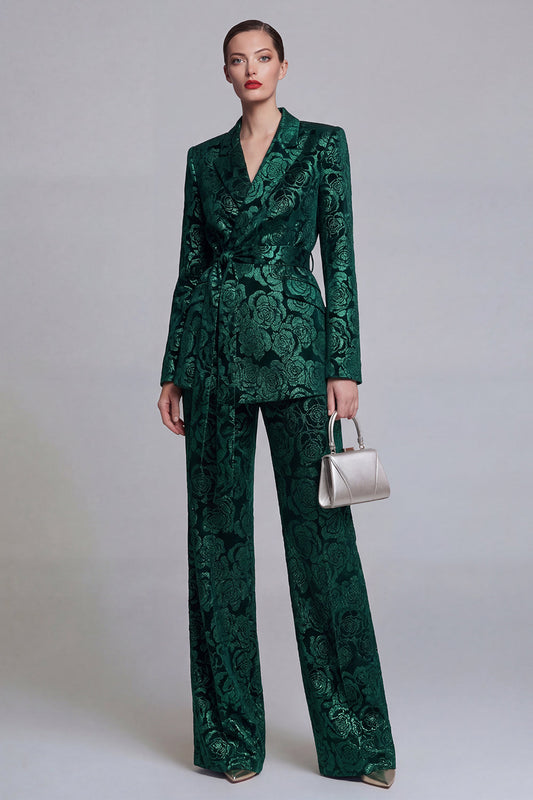 Costumes de bal 2 pièces vert foncé fleuri à revers crantés et jambes larges avec ceinture