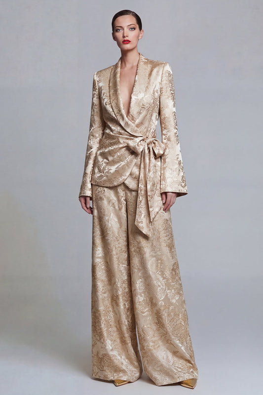 Floral Champagne 2-Piece Shawl Lapel Wide Leg Prom Suit with Bow