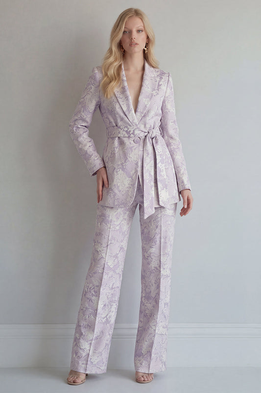 Lilac Floral Single-Breasted 2-Piece Peak Lapel Wide Leg Prom Suit with Belt
