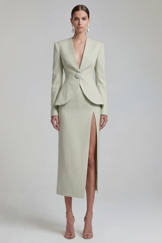 Green 2-Piece Single-Breasted Shawl Lapel Wide-Leg Business Suit with Slit