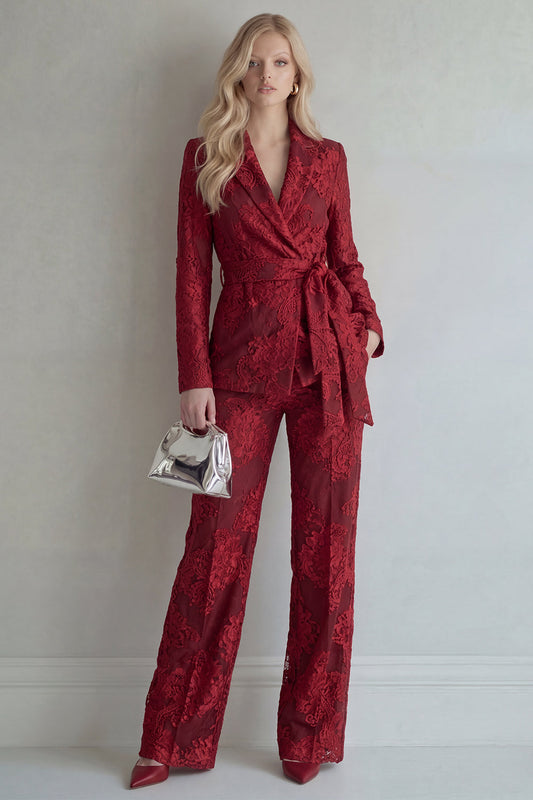 Red Lace Peak Lapel Floral 2 Piece Slim Fit Prom Suit with Belt