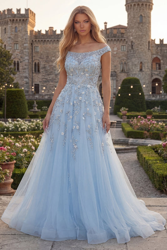 Sparkly Blue Off-the-Shoulder A-Line Corset Beaded Tulle Long Prom Dress with Appliques